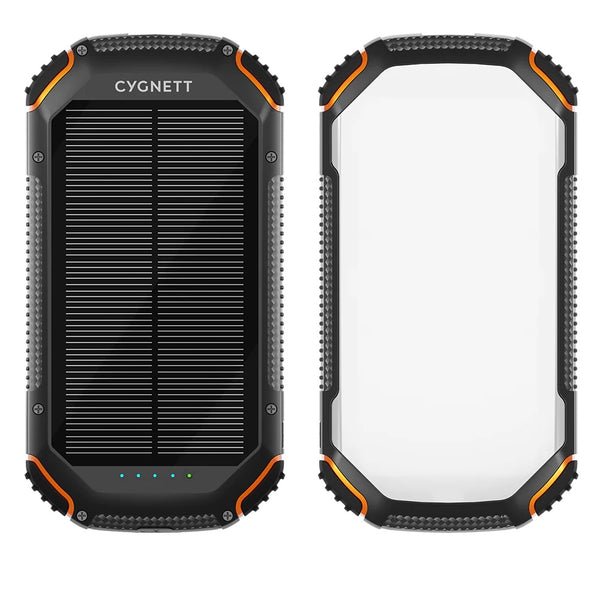 Cygnett 20000mah solar power bank with black and orange design on a white background