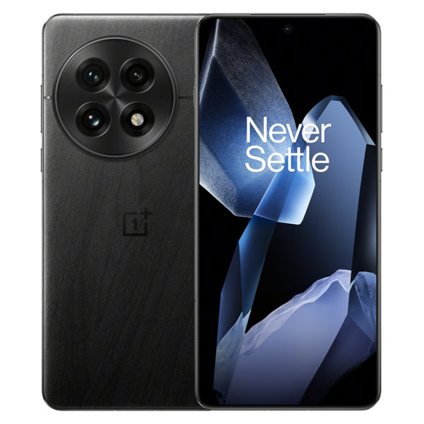 OnePlus smartphone showing front and back with 'Never Settle' slogan