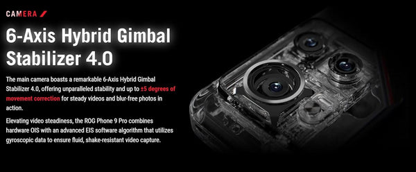 asus rog phone 9 pro 6-axis hybrid gimbal stabilizer with camera module on a black background