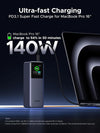 Ugreen 200W portable charger for MacBook Pro 16" with text on ultra-fast charging capabilities.