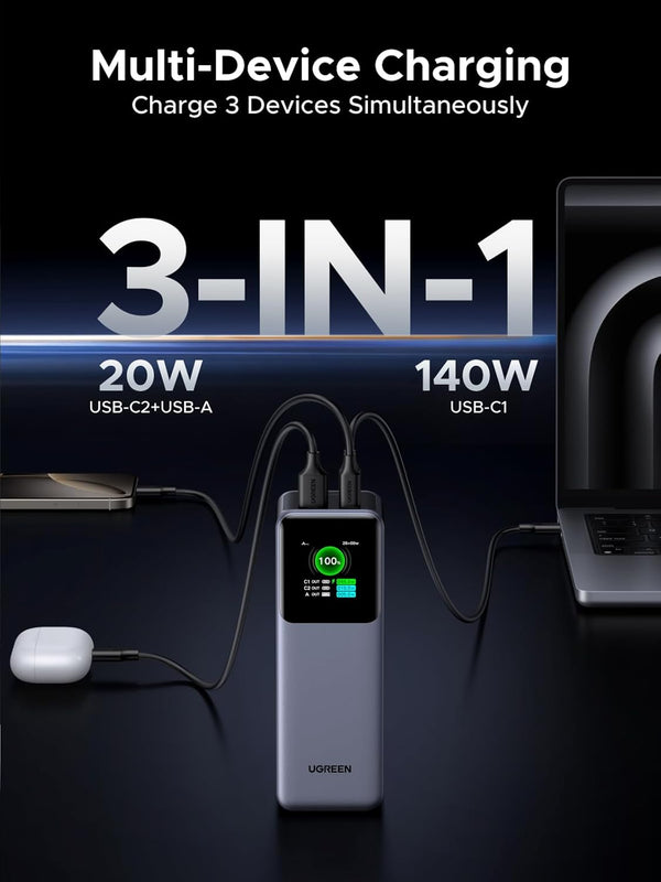 powerbank with 3-in-1 charging with multiple devices connected on a dark background