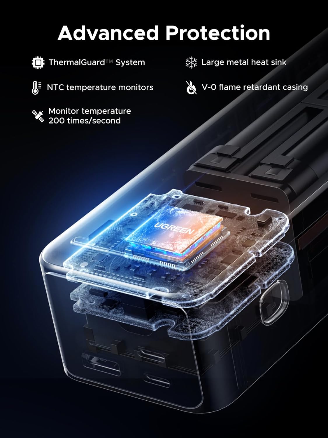 Electronic component of battery bank with thermal protection features on a black background