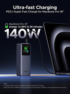 Ugreen 200W portable charger for MacBook Pro 16" with text on ultra-fast charging capabilities.