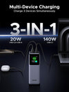 powerbank with 3-in-1 charging with multiple devices connected on a dark background