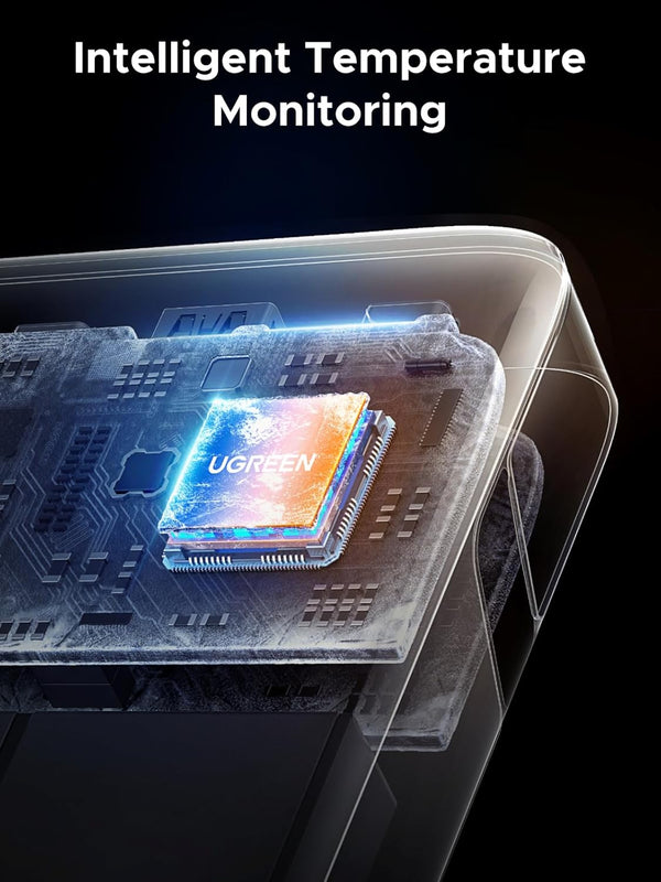 Ugreen electronic component with 'Intelligent Temperature Monitoring' text on a dark background